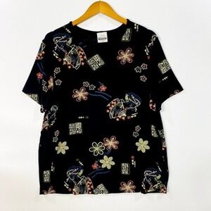 Bentley Plus Women's Top 1X Black Slinky Asian Print Short Sleeve Travel Blouse